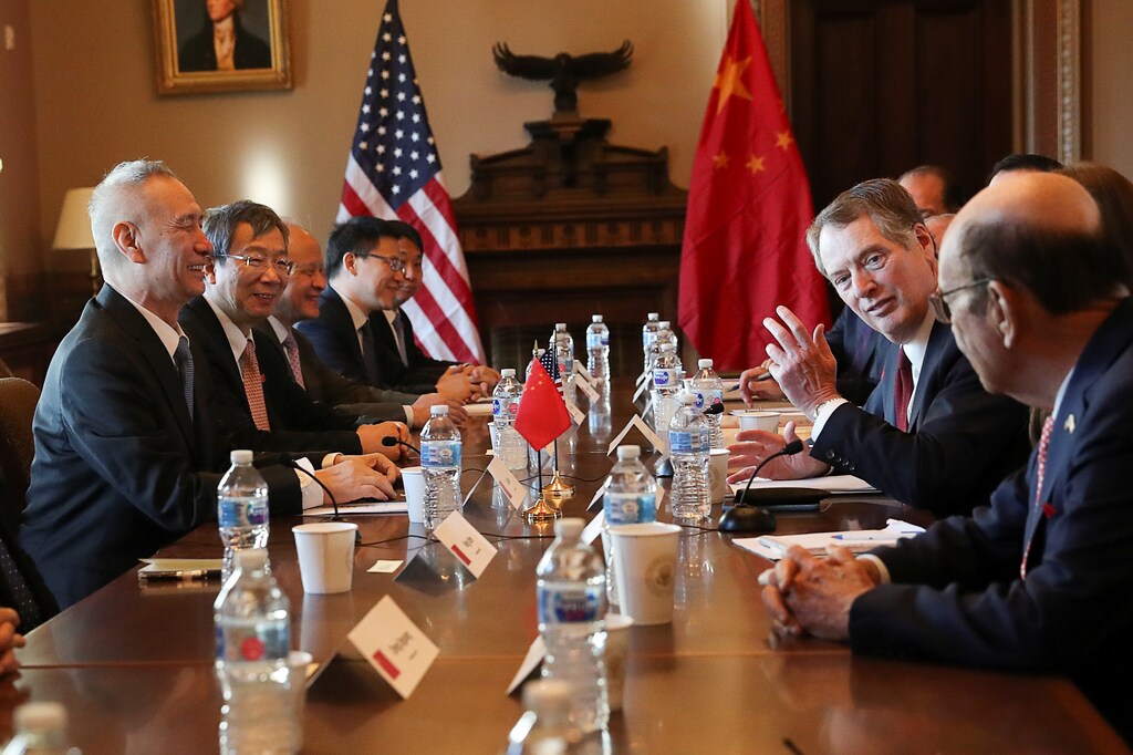 US Trade Representative Robert Lighthizer (2ndR) speaks across from China's Vice-Premier Liu He (L) during the opening of US-China trade talks at the White House in Washington DC, US, January 30, 2019: Despite cooperative gestures, deep-rooted US-China tensions remain