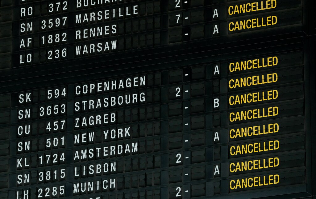 A flight information board displays cancelled flights during a strike by Belgian trade unions at Zaventem international airport near Brussels, Belgium, February 13, 2019. REUTERS/Francois Lenoir - RC163A62AF10