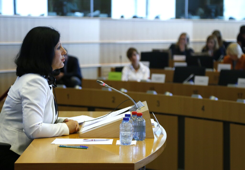 Justice, Consumers and Gender Equality European Union Commissioner-designate Vera Jourova of the Czech Republic addresses the European Parliament's Committee on Civil Liberties, Justice and Home Affairs, at the EU Parliament in Brussels October 1, 2014. REUTERS/Yves Herman (BELGIUM - Tags: POLITICS) - RTR48IOM