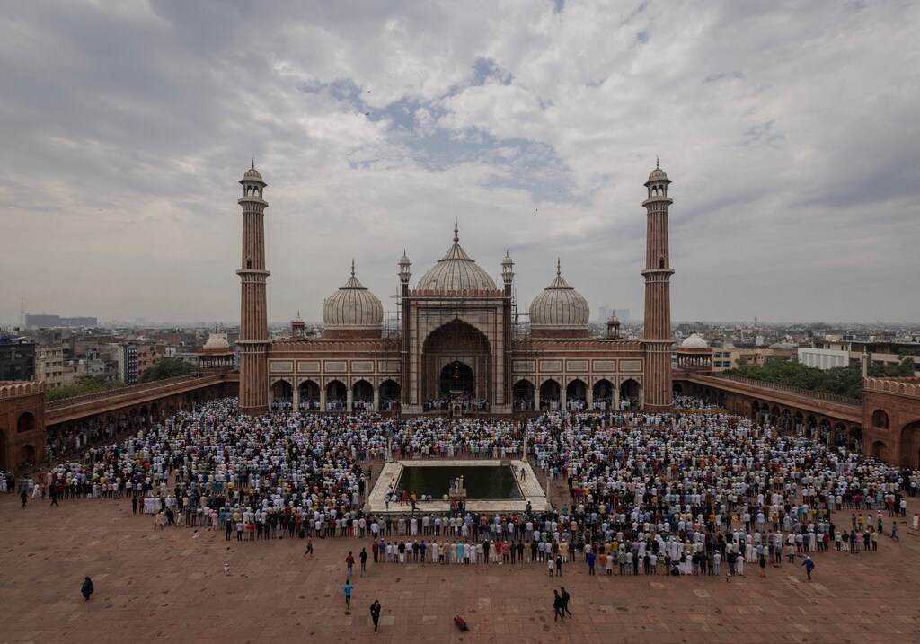 Muslims gathered outside a mosque for Ramadan.