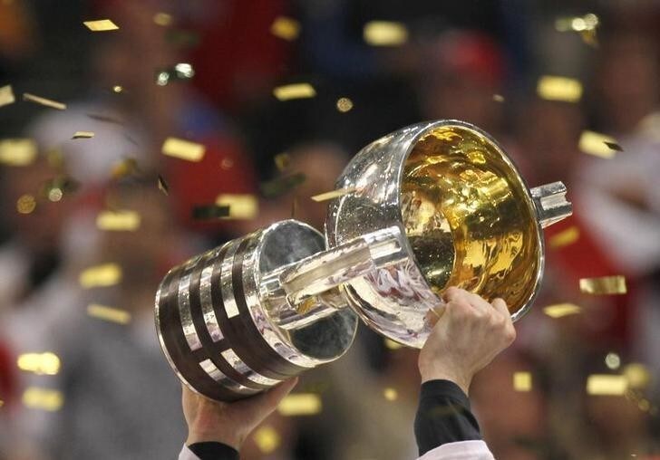 A player of the Czech Republic holds the trophy after beating Russia in the gold medal game at the Ice Hockey World Championships in Cologne May 23, 2010. REUTERS/Petr Josek (GERMANY - Tags: SPORT ICE HOCKEY IMAGES OF THE DAY)