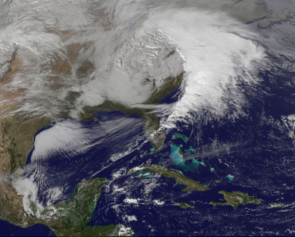 Storm clouds are seen on the east coast of the United States in this NASA handout satellite image