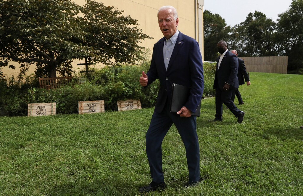 Democratic U.S. presidential nominee and former Vice President Joe Biden arrives to speak about climate change at a campaign event held at the Delaware Museum of Natural History in Wilmington, Delaware, U.S., September 14, 2020. REUTERS/Leah Millis - RC2IYI9KU4MQ