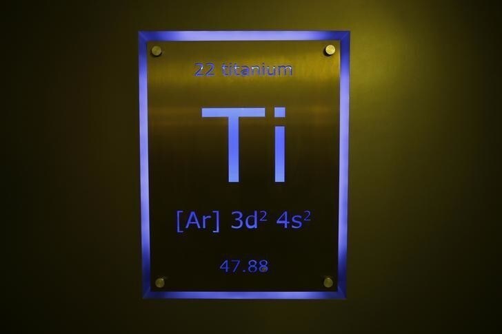 A sign showing titanium on the periodic table of elements is seen at the Nobel Biocare manufacturing facility in Yorba Linda, California May 16, 2013. Nobel Biocare Holding AG is trying to regain its initial success after seeing its profits and image hit in recent years, as many European consumers stopped spending on cosmetic dentistry during the financial crisis and rivals pushed ahead with cheaper options. Picture taken May 16. To match story NOBELBIOCARE-TURNAROUND/ REUTERS/Mike Blake (UNITED STATES - Tags: SCIENCE TECHNOLOGY HEALTH BUSINESS)