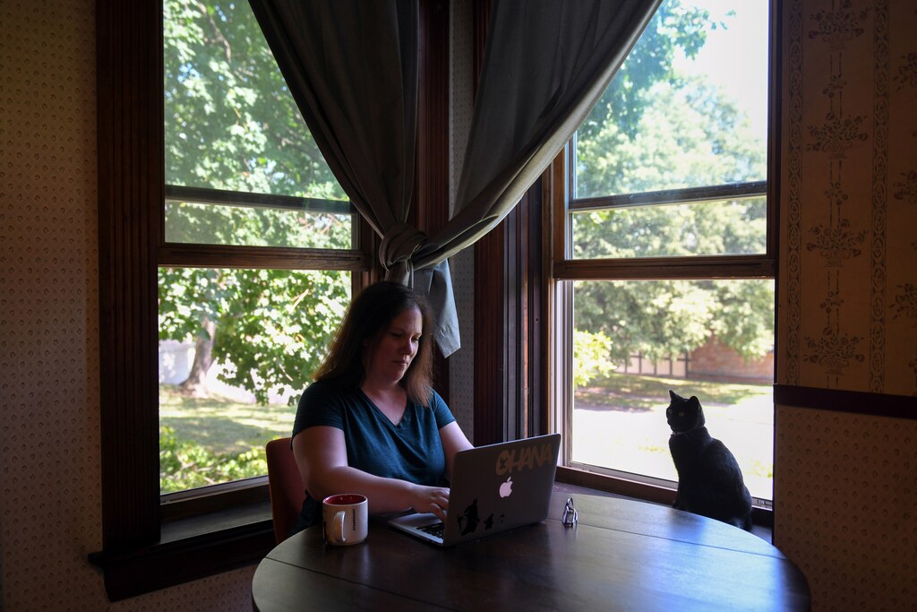 Amanda Geno, who has been unemployed since mid-March due to the global outbreak of the coronavirus disease (COVID-19), but has been able to keep paying her rent and other bills largely because of enhanced unemployment benefits enacted under the CARES Act, works on her laptop at home in Holyoke, Massachusetts, United States August 5, 2020. Picture taken August 5, 2020. REUTERS/Faith Ninivaggi - RC298I90P6DG