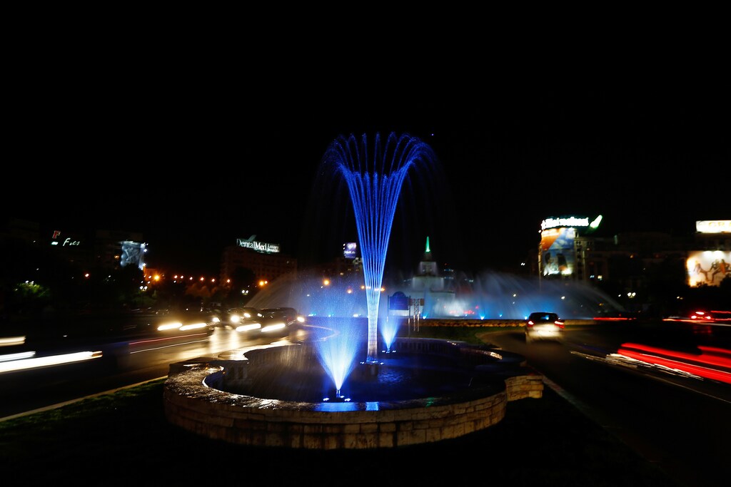 Newly-renovated public fountains are seen during celebrations marking 555 years since the first historical mention of Romania's capital, in downtown Bucharest.