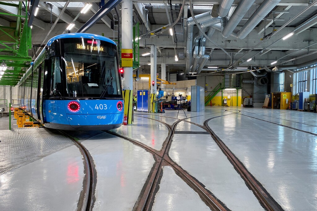 A tram at a workshop in Oslo, due to become the first capital with a net-zero public transport system in 2023.