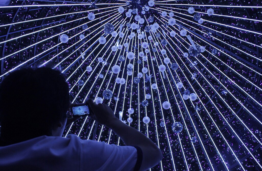 A man takes a picture of decorations inside a giant Christmas tree in front of the ION shopping center on Orchard Road in Singapore December 20, 2009. REUTERS/May Naji (SINGAPORE - Tags: BUSINESS SOCIETY IMAGES OF THE DAY) - GM1E5CK1TG401