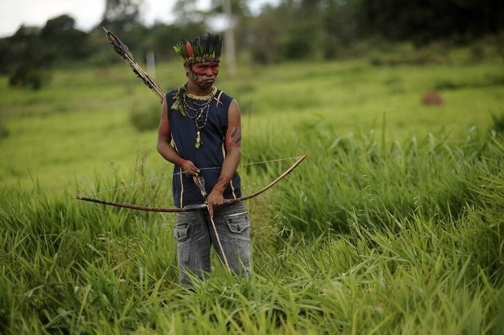 A member of the Guarani Nandeva tribe stands watch at a roadblock they built to keep farmers out after they occupied a farm they claim is part of the ancestral land they call Tekoha Yvy Katu, in the Japora municipality of Mato Grosso do Sul state, near the southern border with Paraguay, November 22, 2013. Guarani Indians occupied 14 farms in Japora during this past October, claiming it is part of the land legally declared as Indian land by the Supreme Court in 2005, although still waiting to be signed into law by Brazil's president since then. Picture taken November 22. REUTERS/Lunae Parracho