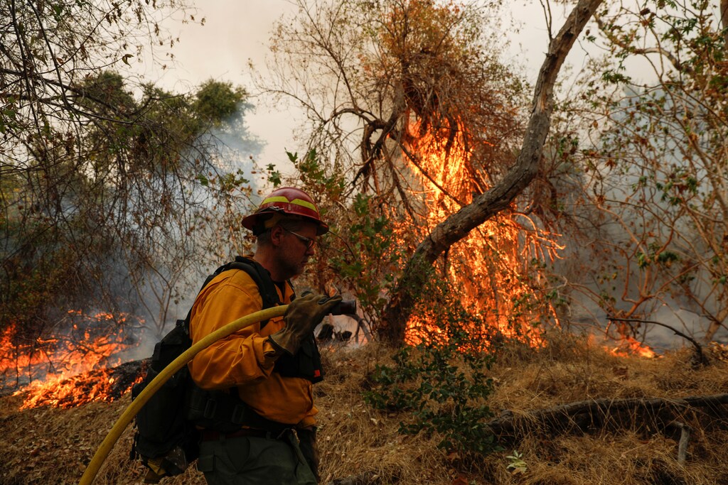 A firefighter works to extinguish the Bobcat Fire after an evacuation was ordered for the residents of Arcadia, California, U.S., September 13, 2020. REUTERS/Patrick T. Fallon - RC20YI9T4GX5