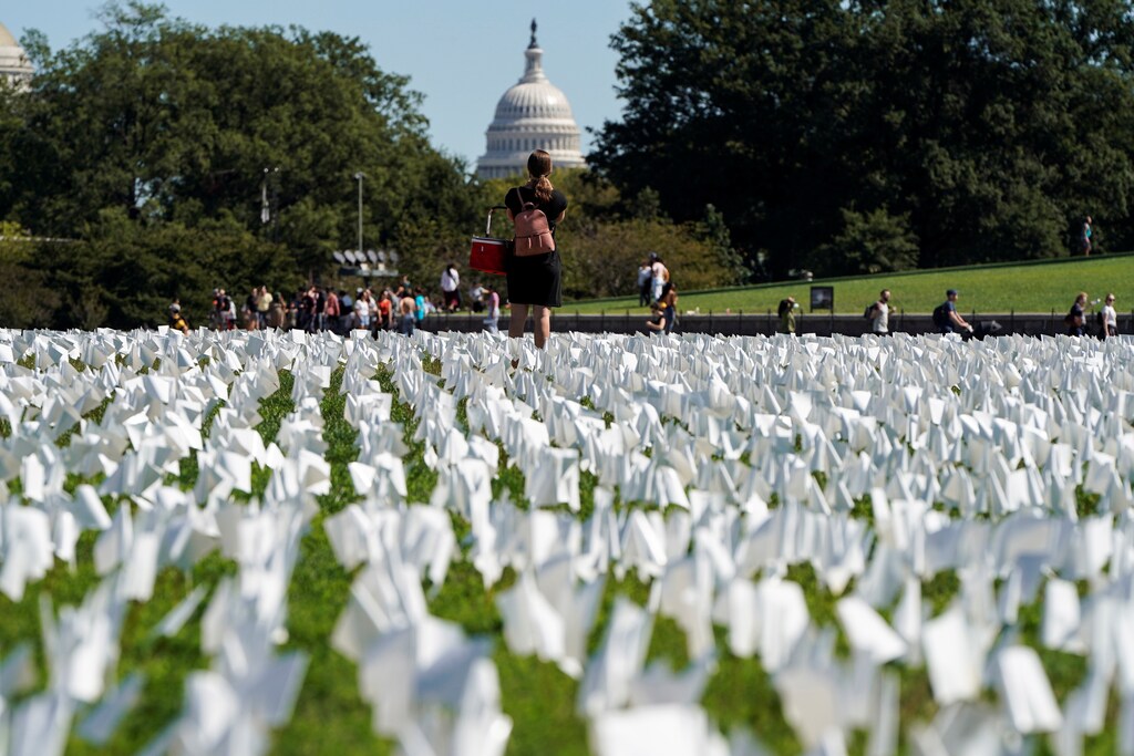 People view thousands of white flags representing Americans who have died of the coronavirus disease (COVID-19)