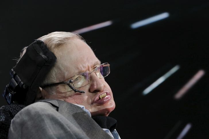 Physicist Stephen Hawking sits on stage during an announcement of the Breakthrough Starshot initiative with investor Yuri Milner in New York April 12, 2016. REUTERS/Lucas Jackson