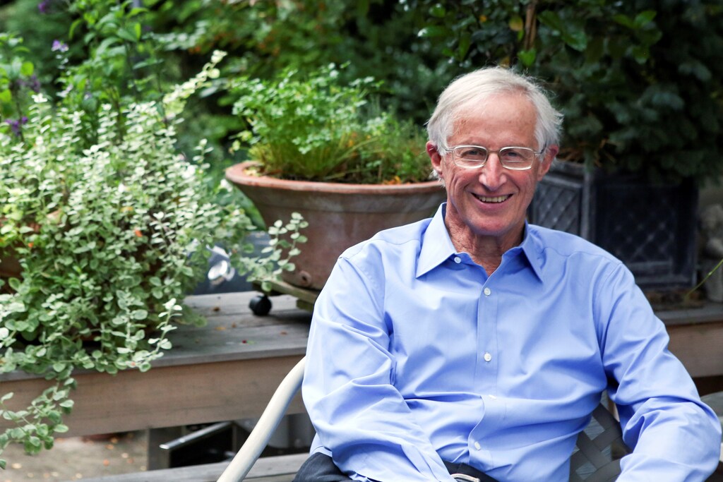William D. Nordhaus, a professor at Yale University, in his backyard after winning the 2018 Nobel Economics Prize, at his home in New Haven, Connecticut, U.S. October 8, 2018.