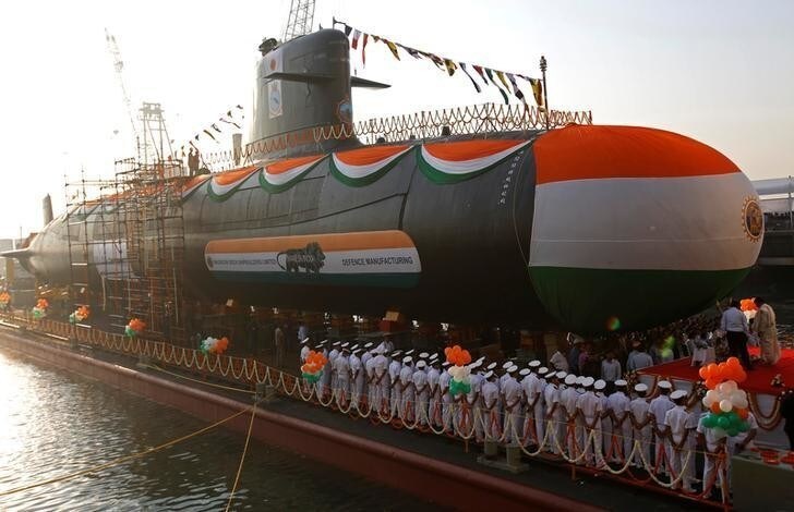 A priest performs rituals before the launch of India's third Scorpene-class submarine INS Karanj at the Mazagon Dock Ltd. naval ship building yard, in Mumbai, India January 31, 2018. REUTERS/Shailesh Andrade