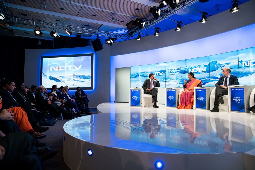 Vikram Chandra, Presenter, Consulting Editor, New Delhi Television (NDTV), India, Nirmala Sitharaman, Minister of State for Commerce and Industry of India, Kenneth Rogoff, Thomas D. Cabot Professor of Public Policy and Professor of Economics, Harvard University, USA capture during the Session: Indias Turn to Transform at the Annual Meeting 2017 of the World Economic Forum in Davos, January 18, 2017Copyright by World Economic Forum / Sikarin Thanachaiary