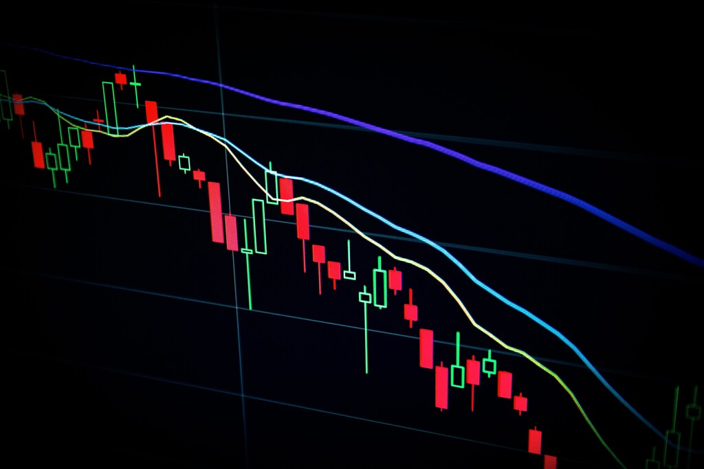A crypto chart showing various red and green candles.