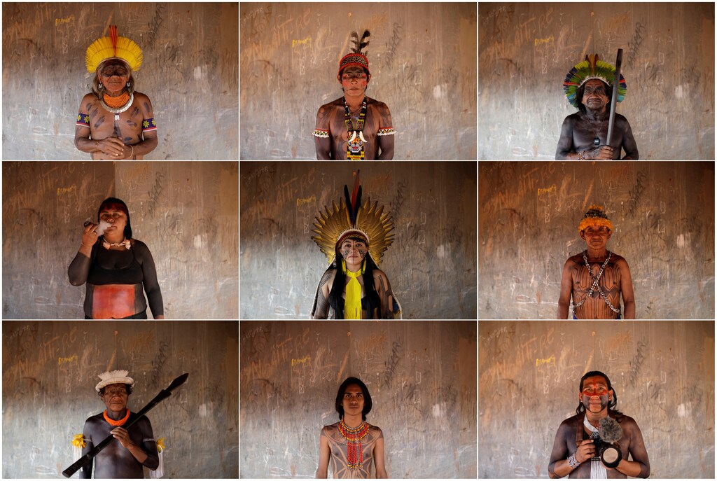 A combination photo shows indigenous people from various tribes posing for pictures during a four-day pow wow in Piaracu village, in Xingu Indigenous Park, near Sao Jose do Xingu, Mato Grosso state, Brazil January 15, 2020 and on January 16, 2020. Pictures taken January 15, 2020 and January 16, 2020. REUTERS/Ricardo Moraes - RC2WHE951RZ5