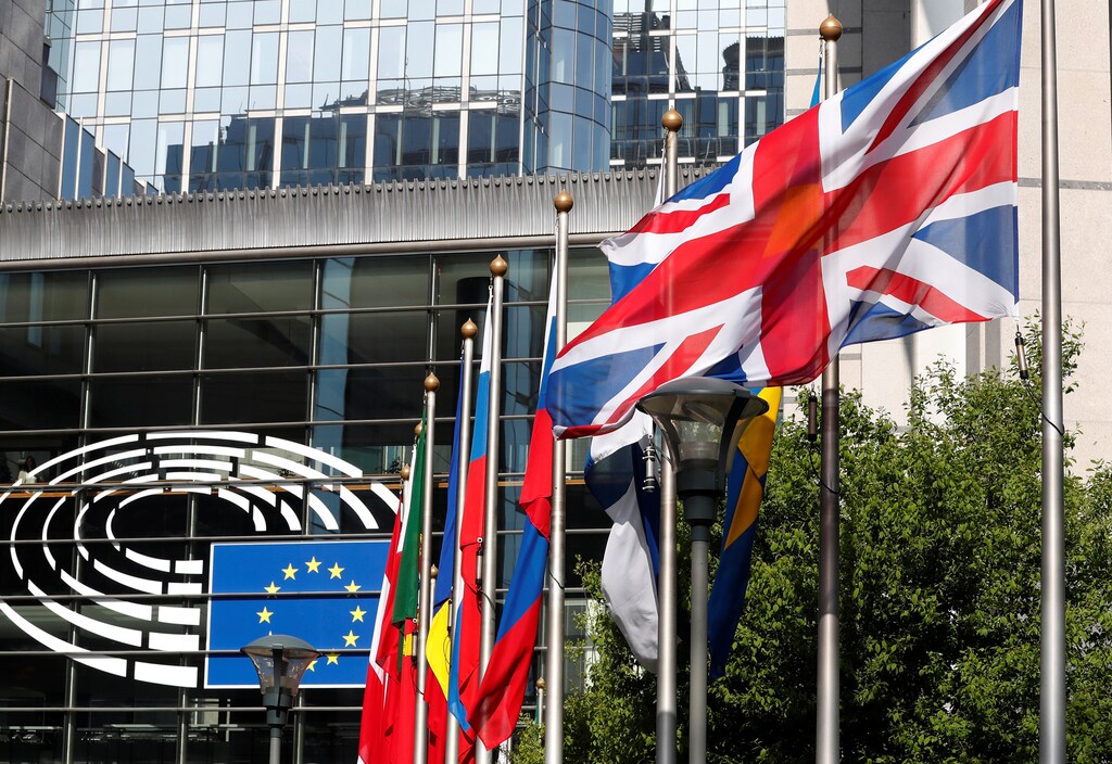 A British flag flies at the entrance of the European Parliament in Brussels, Belgium, March 28, 2017. REUTERS/Yves Herman - RTX3323L