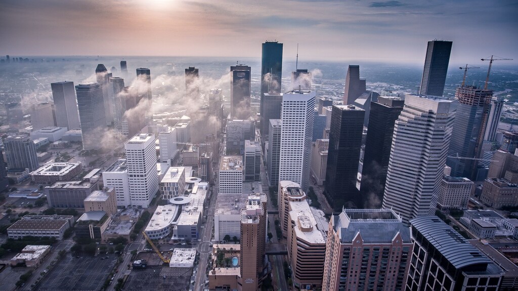 Aerial view of skyscrapers.