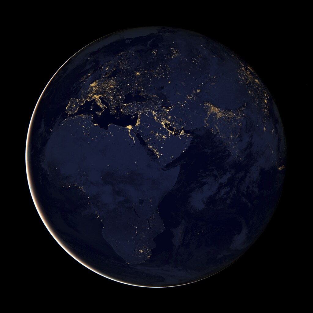 A NASA Earth Observatory handout released December 5, 2012 of a composite image of Europe, Africa, and the Middle East at night, assembled from data acquired by the Suomi NPP satellite in April and October 2012. The image was made possible by the satellite's "day-night band" of the Visible Infrared Imaging Radiometer Suite (VIIRS), which detects light in a range of wavelengths from green to near-infrared and uses filtering techniques to observe dim signals such as city lights, gas flares, auroras, wildfires and reflected moonlight. REUTERS/NASA Earth Observatory/Handout (SCIENCE TECHNOLOGY ENVIRONMENT) FOR EDITORIAL USE ONLY. NOT FOR SALE FOR MARKETING OR ADVERTISING CAMPAIGNS. THIS IMAGE HAS BEEN SUPPLIED BY A THIRD PARTY. IT IS DISTRIBUTED, EXACTLY AS RECEIVED BY REUTERS, AS A SERVICE TO CLIENTS - GF2E8C51UIA01