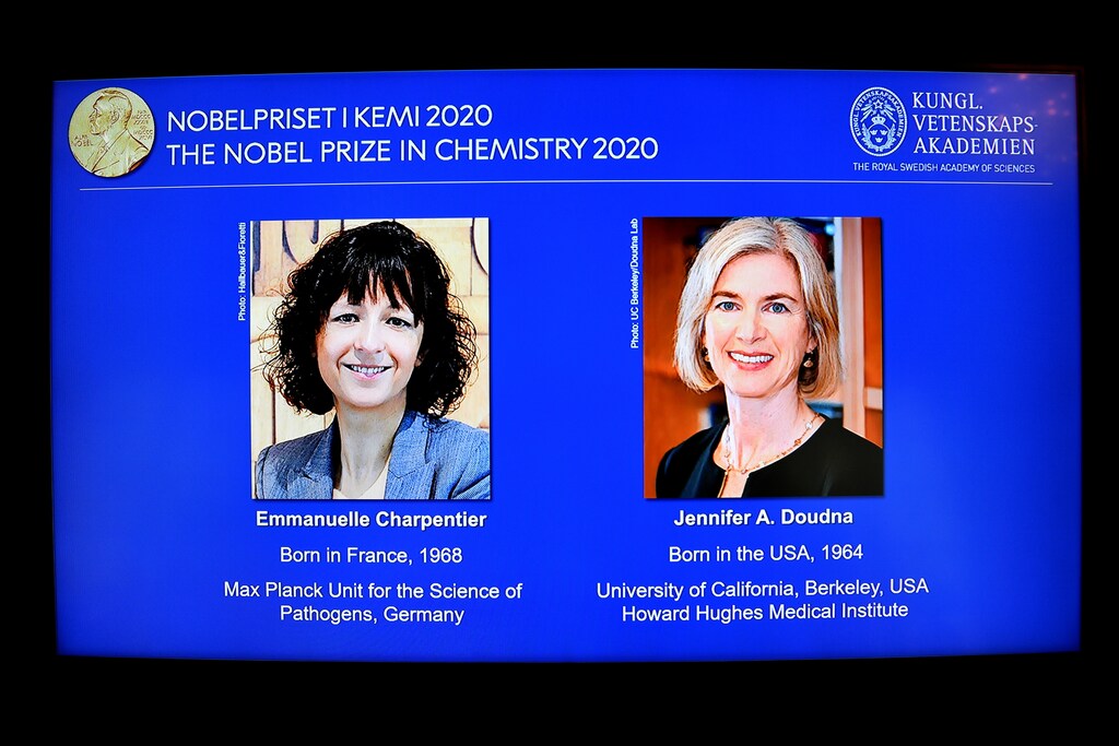 Pictures of Emmanuelle Charpentier and Jennifer A. Doudna, winners of the 2020 Nobel Prize in Chemistry, are displayed on a screen during the news conference announcing the laureates, at the Royal Swedish Academy of Sciences, in Stockholm, Sweden, October 7, 2020. are the laureates, . TT News Agency/Henrik Montgomery/Pool via REUTERS ATTENTION EDITORS - THIS IMAGE WAS PROVIDED BY A THIRD PARTY. SWEDEN OUT. NO COMMERCIAL OR EDITORIAL SALES IN SWEDEN. - RC2MDJ98P7JX