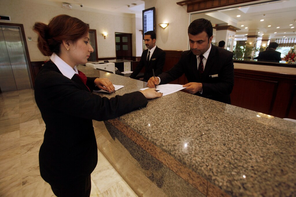 The reception desk at the Pearl Continental hotel in Peshawar, Pakistan.