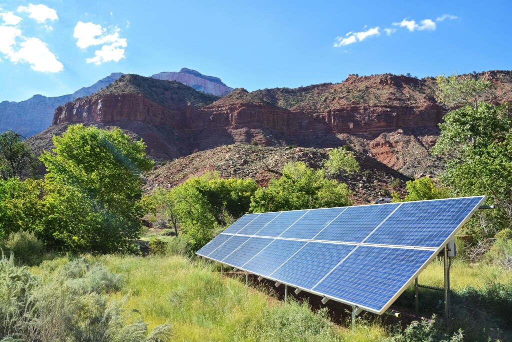 Solar panels in green field.