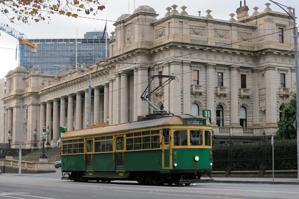 A vintage Melbourne tram passes by Victoria's Parliament Building in Melbourne, Australia, June 13, 2017. REUTERS/Jason Reed - RC17E5024AF0