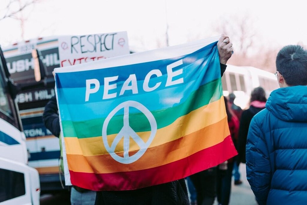 A peace flag at the Women’s March in Boston.