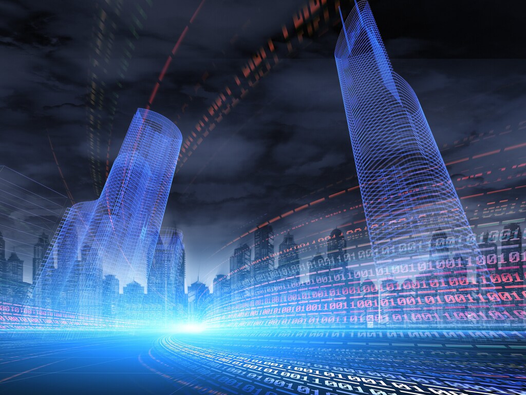 graphic showing a modern digital city with binary data flows