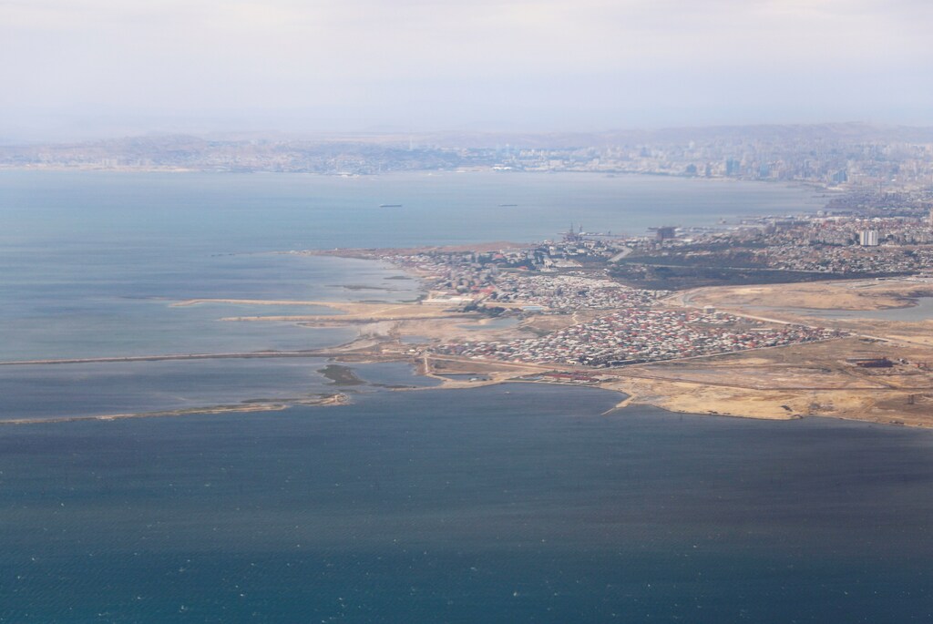 An aerial view of the Caspian Sea near the city of Baku in Azerbaijan.