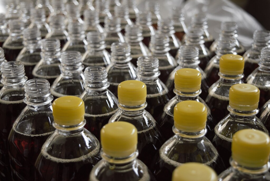 Plastic bottles on a production line.