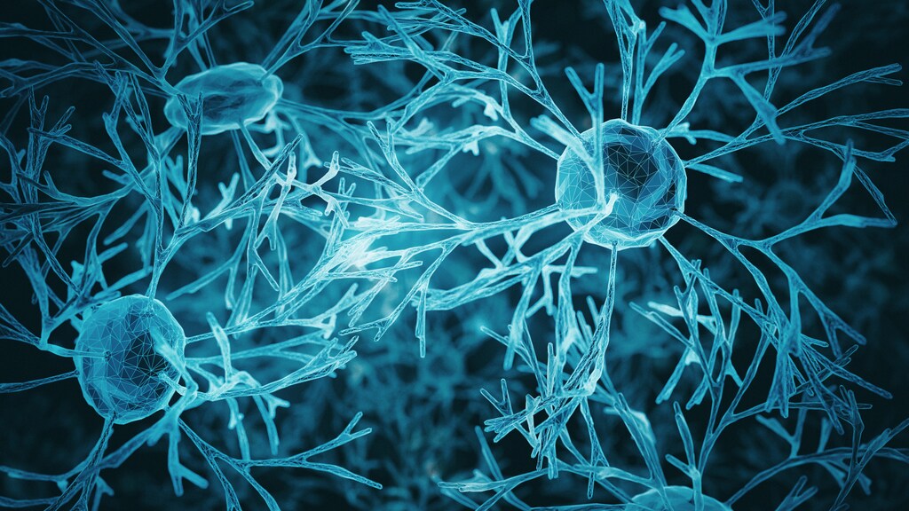 Sistema de células neuronales - Imagen renderizada en 3D de una red de células neuronales sobre fondo negro. Vista de holograma.
