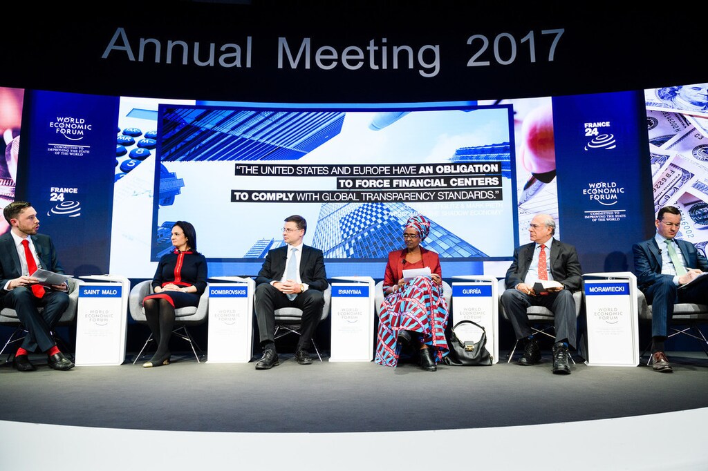 Winnie Byanyima, Executive Director, Oxfam International, United Kingdom; Valdis Dombrovskis, Vice-President and Commissioner, Euro and Social Dialogue, Financial Stability, Financial Services and Capital Markets Union, European Commission, Brussels; Angel Gurría, Secretary-General, Organisation for Economic Co-operation and Development (OECD), Paris; Mateusz Morawiecki, Deputy Prime Minister and Minister of Economic Development and Finance of Poland; Isabel de Saint Malo de Alvarado, Vice-President of Panama and Minister of Foreign Affairs and Stephen Carroll, Business Editor, France 24, France speaking during the Session "Taxation without Borders: A Fair Share from Multinationals" at the Annual Meeting 2017 of the World Economic Forum in Davos, January 19, 2017Copyright by World Economic Forum / Manuel Lopez