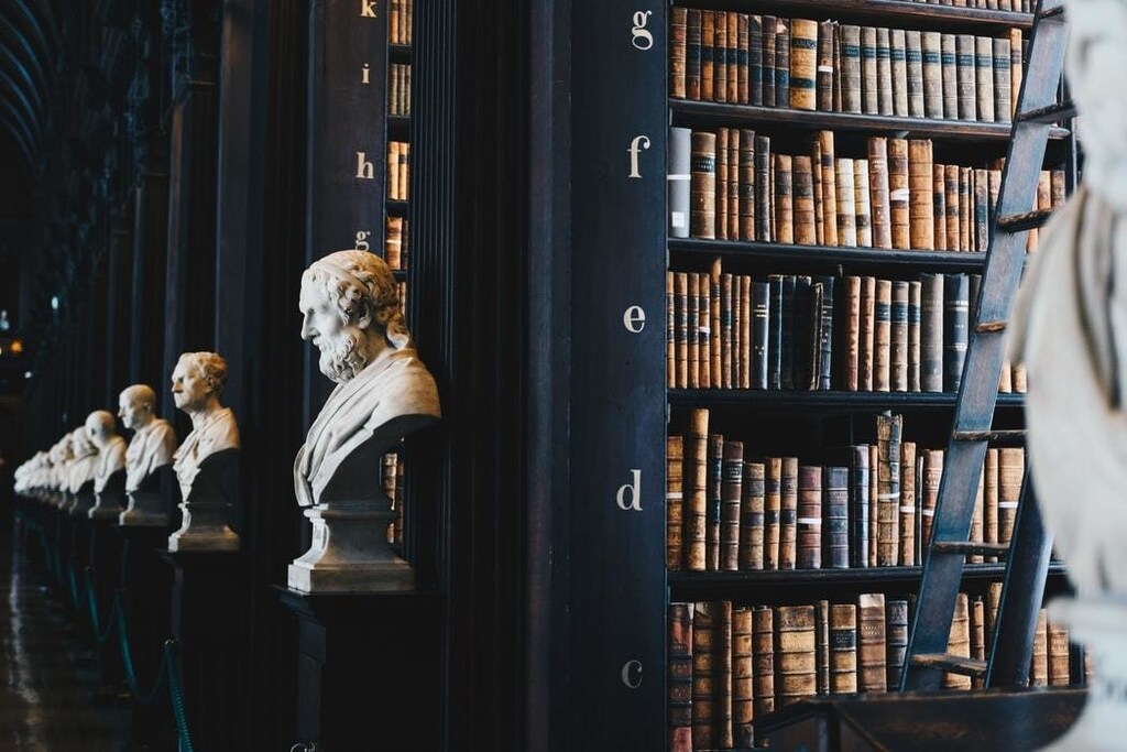 A row of books in a library.