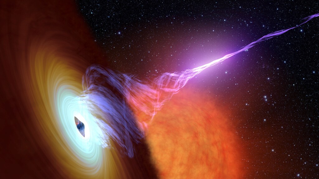 This artists concept released October 30, 2017 shows a black hole with an accretion disk - a flat structure of material orbiting the black hole - and a jet of hot gas, called plasma. NASA/JPL-Caltech/Handout via REUTERS ATTENTION EDITORS - THIS IMAGE WAS PROVIDED BY A THIRD PARTY - RC1808FDC440