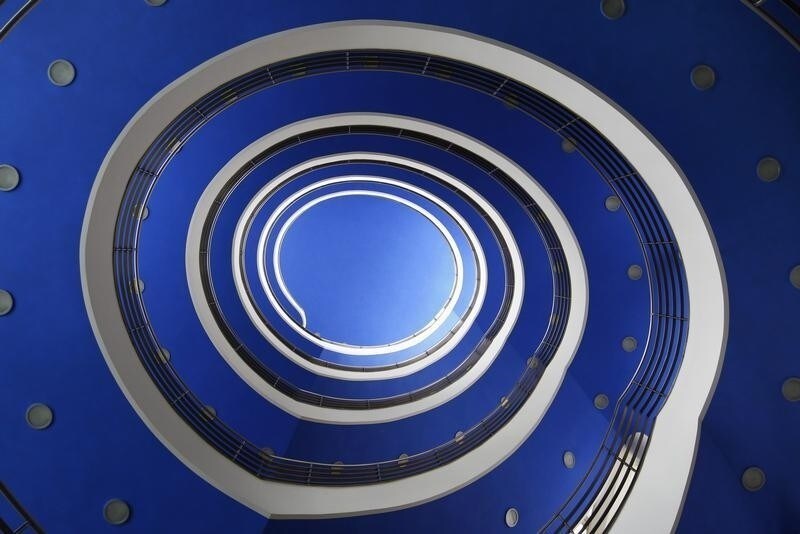 A staircase looking like a snail is pictured in a Munich building 'Haus der Bayrischen Wirtschaft' on February 14, 2012. REUTERS/Michaela Rehle (GERMANY - Tags: SOCIETY) - RTR2XTZ0