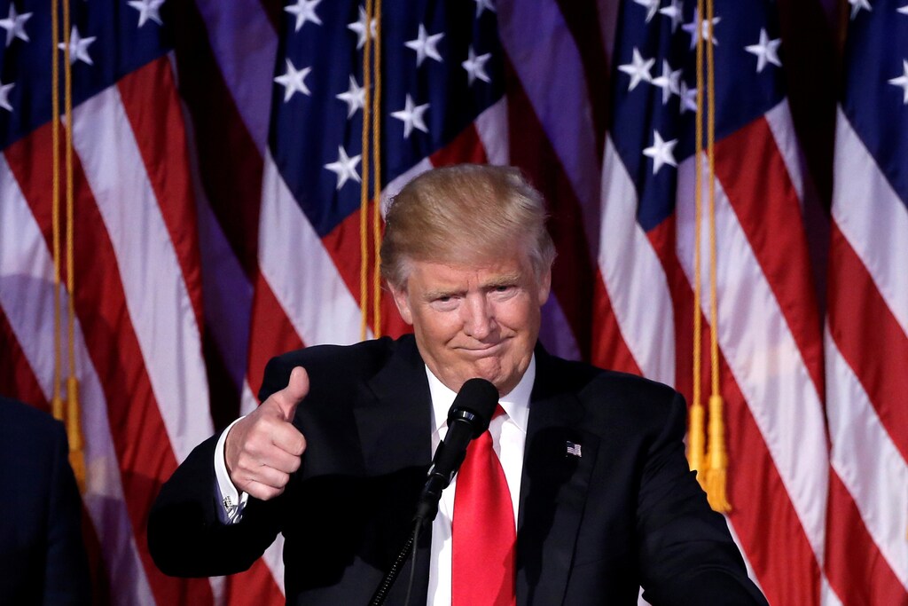 Future US president Donald Trump addresses an election night rally in November 2016