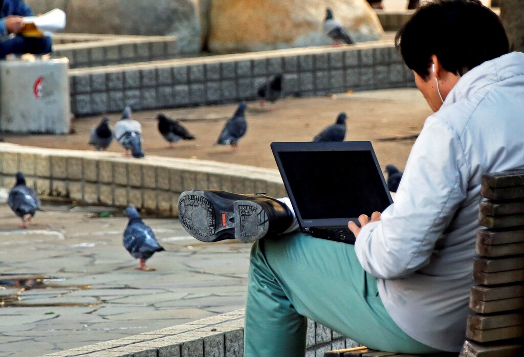 A man uses a laptop computer as pigeons are seen at a park in Tokyo, Japan October 18, 2017. REUTERS/Toru Hanai - RC1DBD5108F0