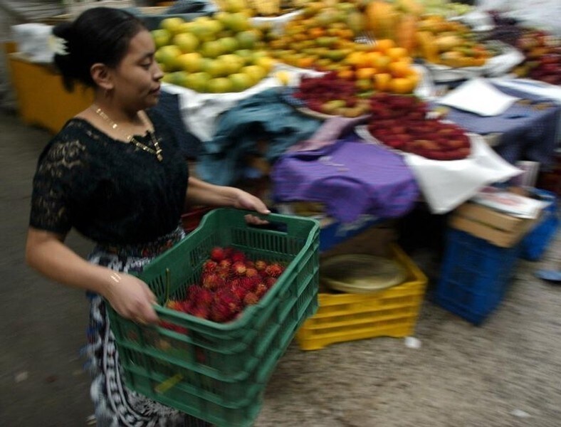 A vendor prepares her fruit stand as the Central Market opens in Guatemala City, July 15, 2005. [U.S. President George W. Bush tried to sell a controversial Central American free trade pact to reluctant fellow Republicans on Friday by calling it a sign of U.S. commitment to emerging democracies in the region. Solidly opposed by Democrats and unpopular among Republicans in states such as North Carolina where the textile industry has been hit hard by job losses, the Central American Free Trade Agreement would tear down trade barriers between the United States, Costa Rica, El Salvador, Honduras, Guatemala, Nicaragua and the Dominican Republic.]