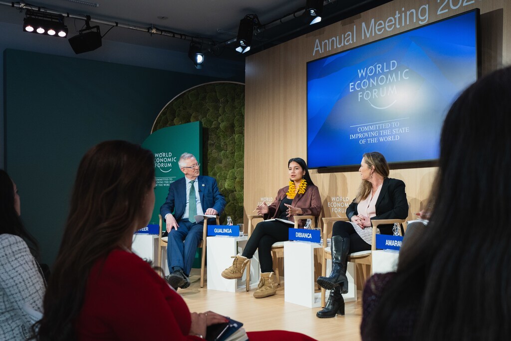 Helena Gualinga, Co-Founder, Indigenous Youth Collective of Amazon Defenders, Ecuador speaking at the Don't let greenwashing fears stall credible action session at Davos 23