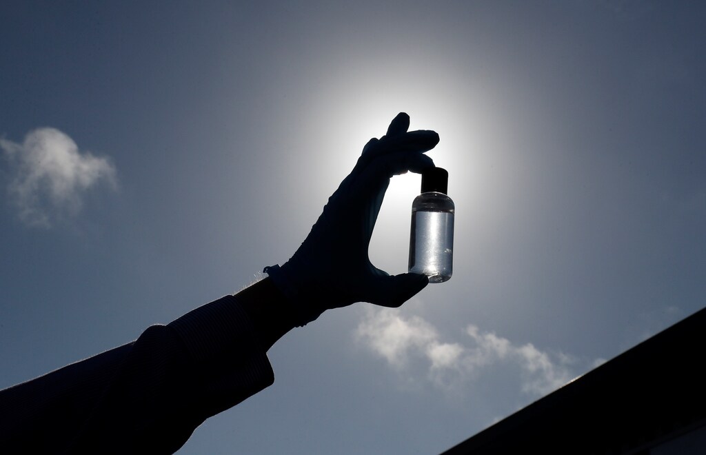 Hand sanitiser, produced by Scott Wilson-Lang of One Man Hand Sanitiser is seen. The product is produced from his gin distillery (WL Distillery) in County Durham for police forces, hospitals, the vulnerable and homeless as the spread of the coronavirus disease (COVID-19) continues, County Durham, Britain, April 22, 2020. REUTERS/Lee Smith - RC2N9G94K67S