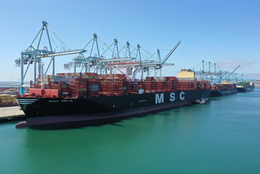 Containers are loaded onto a ship, as the global outbreak of the coronavirus disease (COVID-19) continues, in the Port of Los Angeles, California, U.S., April 16, 2020