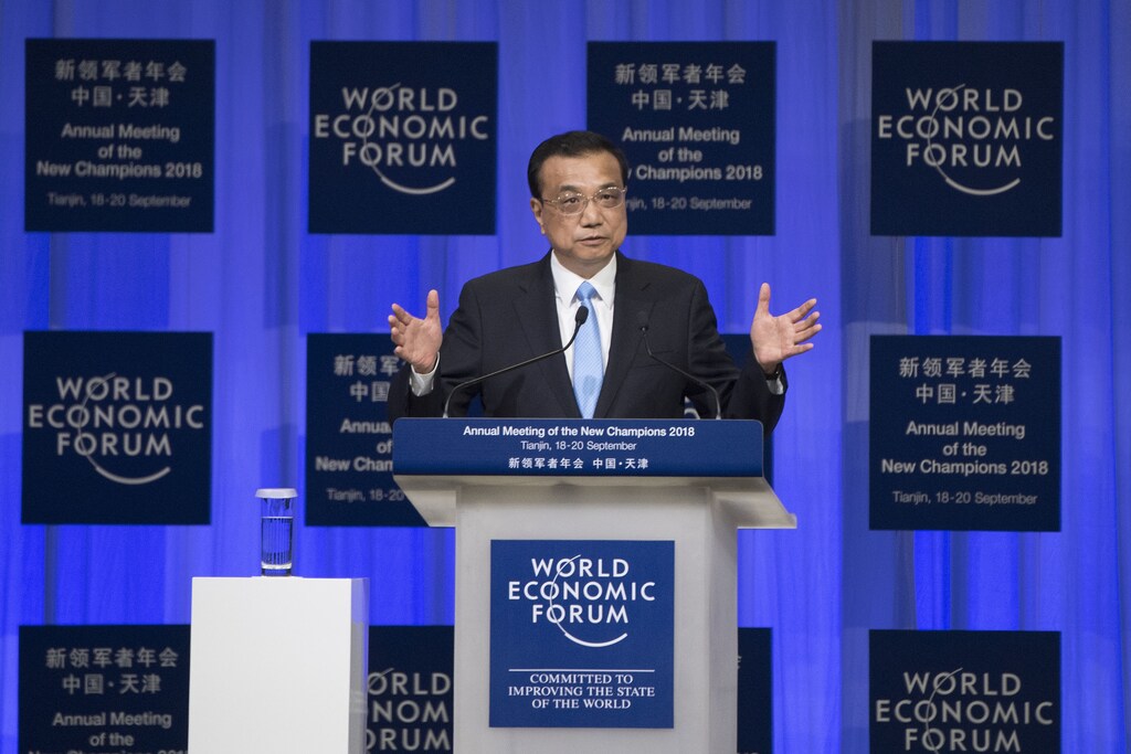 Li Keqiang, Premier of the People's Republic of China .speaking during the session: Opening Plenary with Li Keqiang at the World Economic Forum - Annual Meeting of the New Champions in Tianjin, People's Republic of China 2018 Copyright by World Economic Forum / Valeriano Di Domenico