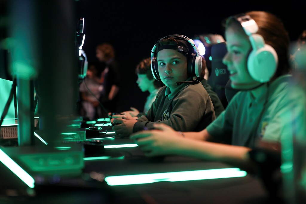 Young gamers play Xbox at Microsoft's new Oxford Circus store ahead of its opening in London.
