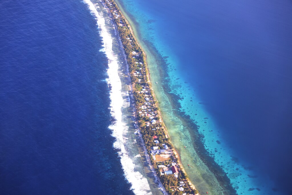 Aerial view of Funafuti, Tuvalu's most populous island, September 6, 2024. Picture taken through plane window. REUTERS/Kirsty Needham