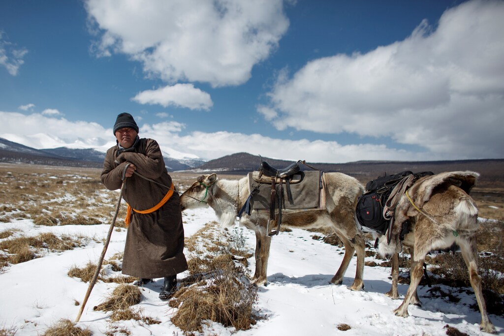 Dukha reindeer herder Erdenebat Chuluu rests on a stick as he travels with his animals to visit neighbours near the village of Tsagaannuur, Khovsgol aimag, Mongolia, April 19, 2018. Chuluu has lived all his life in the centuries-old tradition of his Dukha ancestors, renowned for their reindeer-herding and hunter-gathering skills in the forests of the rugged Sayan Mountains straddling the Russian border. REUTERS/Thomas Peter SEARCH "REINDEER HERDERS" FOR THIS STORY. SEARCH "WIDER IMAGE" FOR ALL STORIES. - RC1B60315D60