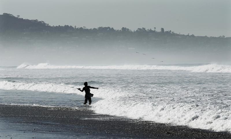 A man casts his line into the waves as he fishes along the shores of Torrey Pines State Beach in San Diego, California, January 24, 2011. REUTERS/Mike Blake (UNITED STATES - Tags: ENVIRONMENT) - GM1E71P09JY01
