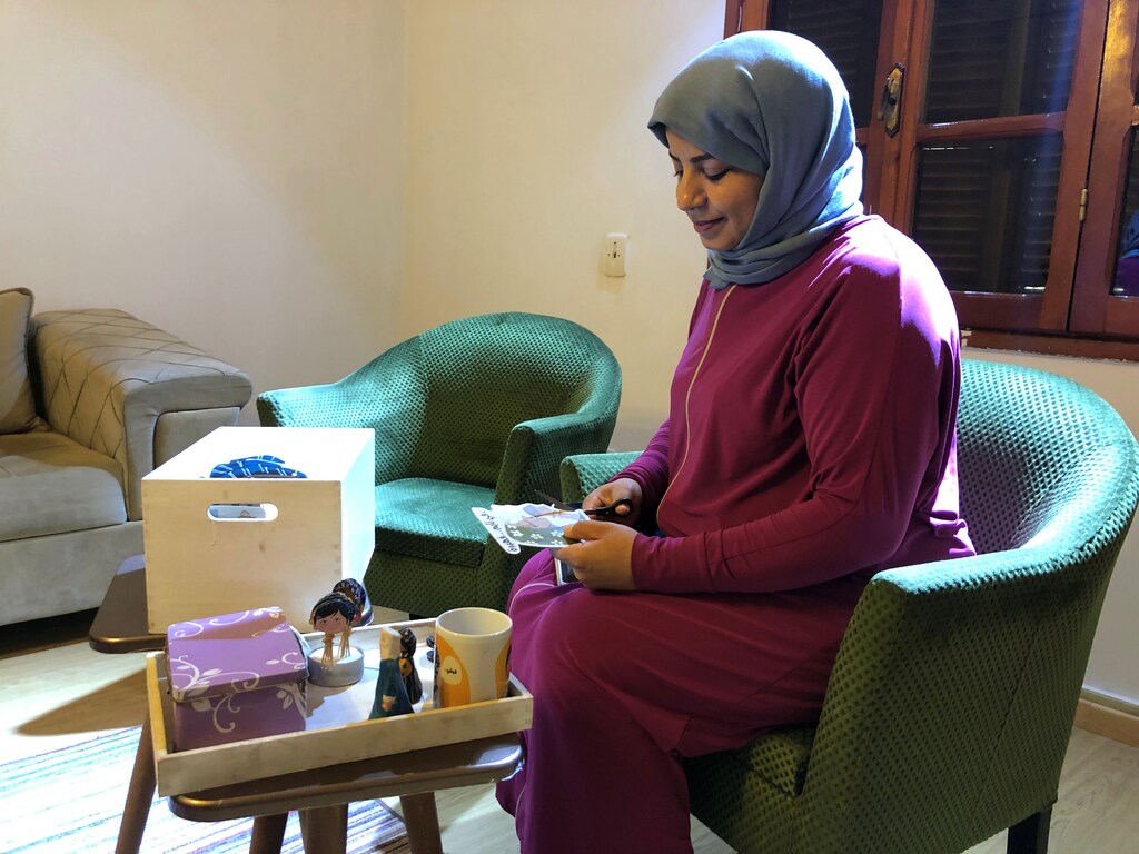 Libyan architect Seham Saleh makes drawings to sell through the internet at the LEAP women's business incubator launched by Jusoor Center for Studies and Development in Tripoli, Libya June 23, 2019. Picture taken June 23, 2019. REUTERS/Yosri al-Jamal - RC1EE0E5B2A0