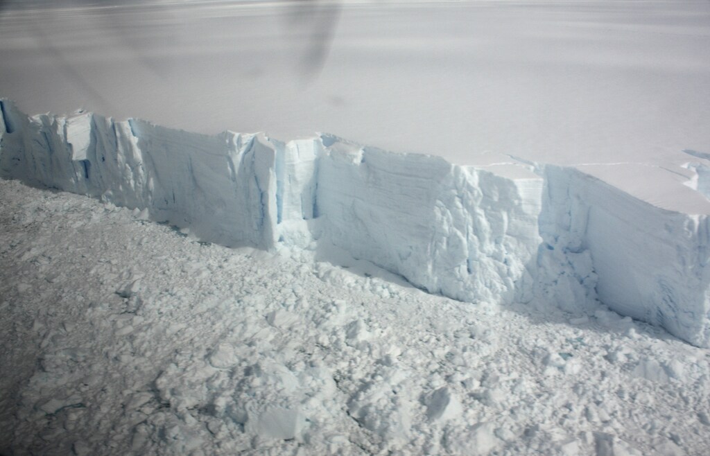 A 20 metre-high ice cliff forming the edge of the Wilkins Ice shelf on the Antarctic Peninsula is seen from a plane January 18, 2009. The huge Antarctic ice shelf is on the brink of collapse with just a sliver of ice holding it in place, the latest victim of global warming that is altering maps of the frozen continent.